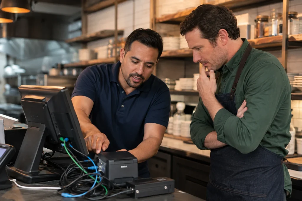 Restaurant POS technician diagnosing hardware and connectivity issues