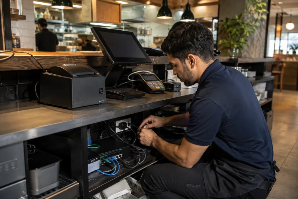 Technician installing and connecting restaurant POS equipment